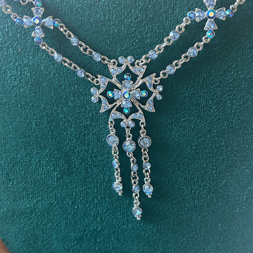 Silver Blue Crystal Cross Statement Necklace - image 1